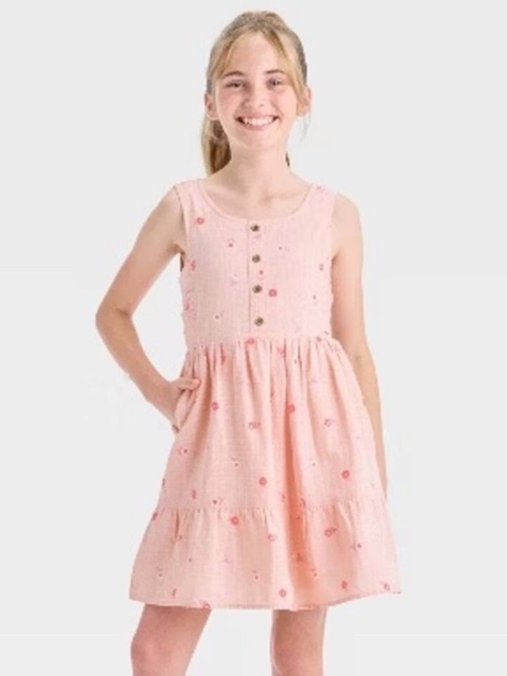 Cat & Jack Girls’ Sleeveless Woven Floral Dress - Peach Pink L